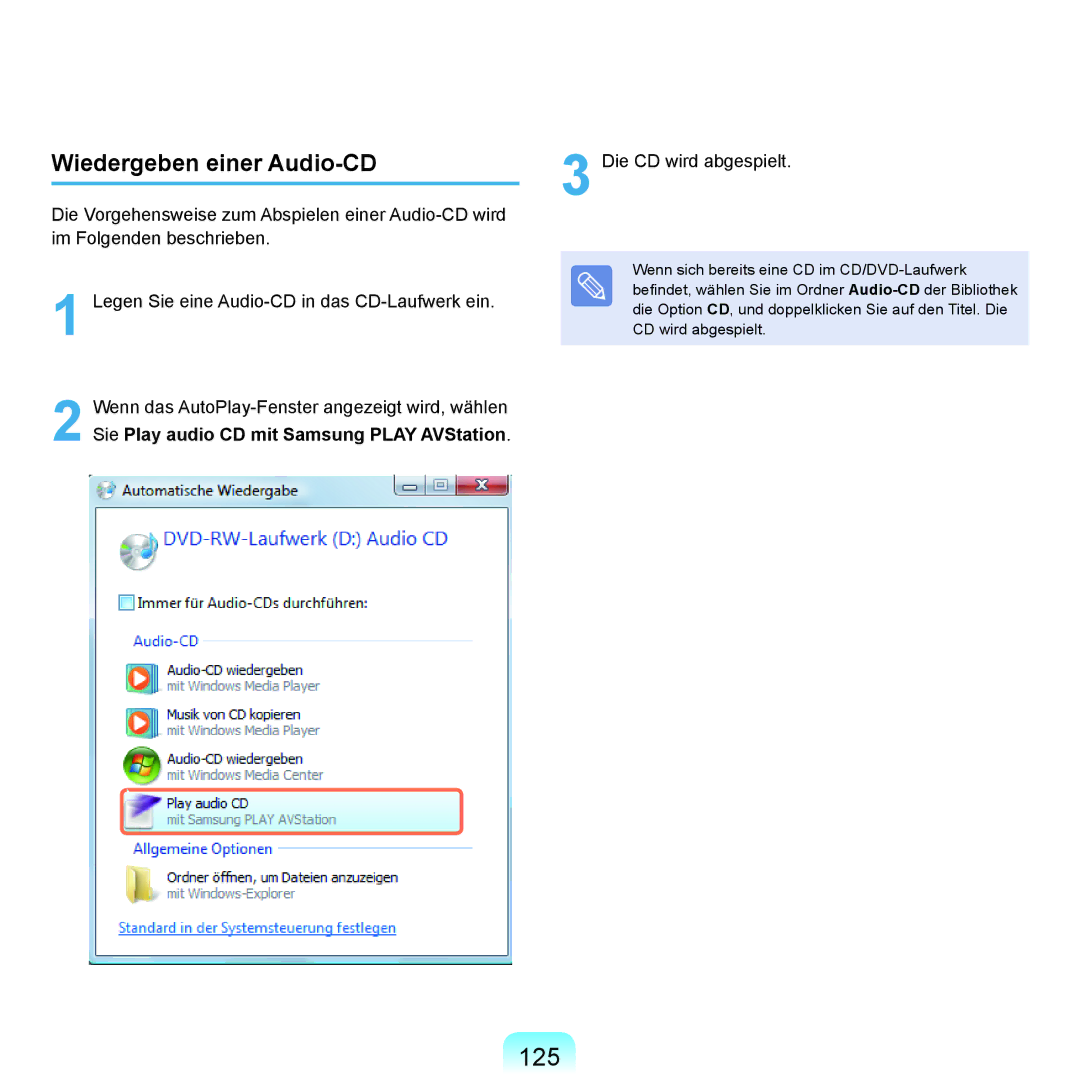 Samsung NP-M60A000/SEG, NP-M60A001/SEG, NP-M60A004/SEG, NP-M60A006/SEG, NP-M60A007/SEG manual 125, Wiedergeben einer Audio-CD 
