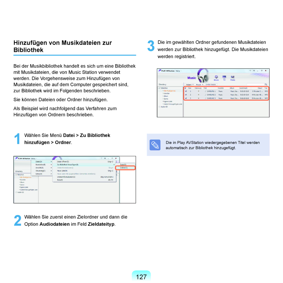 Samsung NP-M60A004/SEG, NP-M60A000/SEG, NP-M60A001/SEG, NP-M60A006/SEG manual 127, Hinzufügen von Musikdateien zur Bibliothek 