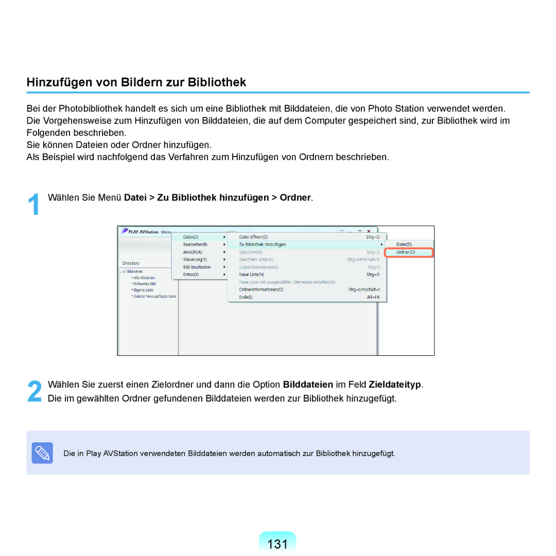 Samsung NP-M60A005/SEG 131, Hinzufügen von Bildern zur Bibliothek, Wählen Sie Menü Datei Zu Bibliothek hinzufügen Ordner 