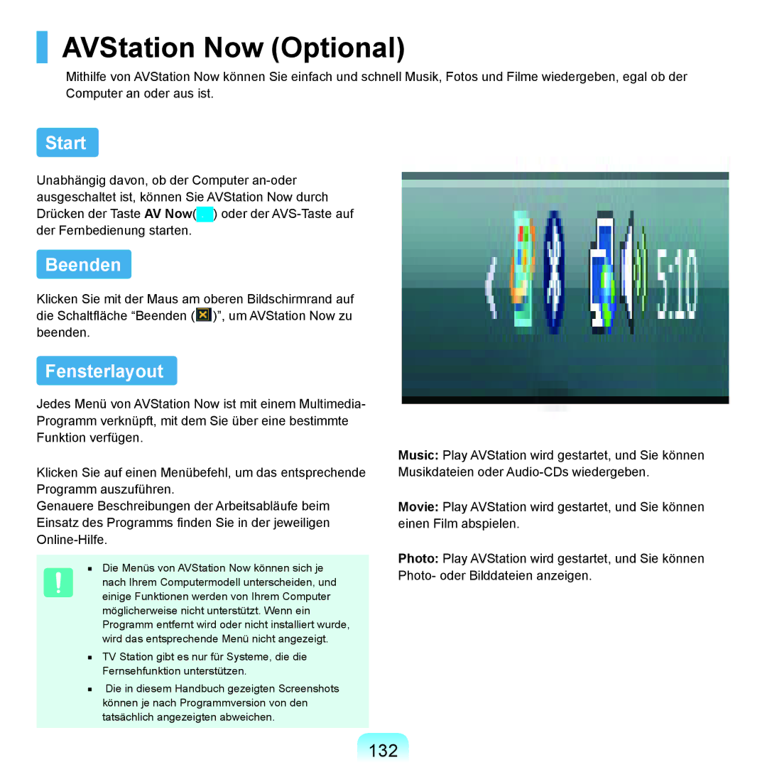Samsung NP-M60A002/SEG, NP-M60A000/SEG, NP-M60A001/SEG manual AVStation Now Optional, Start, Beenden, Fensterlayout, 132 