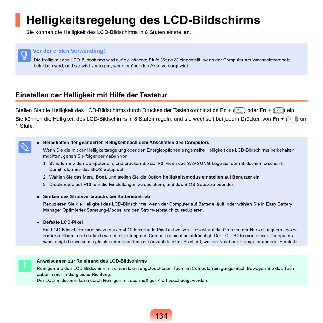 Samsung NP-M60A000/SEG Helligkeitsregelung des LCD-Bildschirms, 134, Einstellen der Helligkeit mit Hilfe der Tastatur 