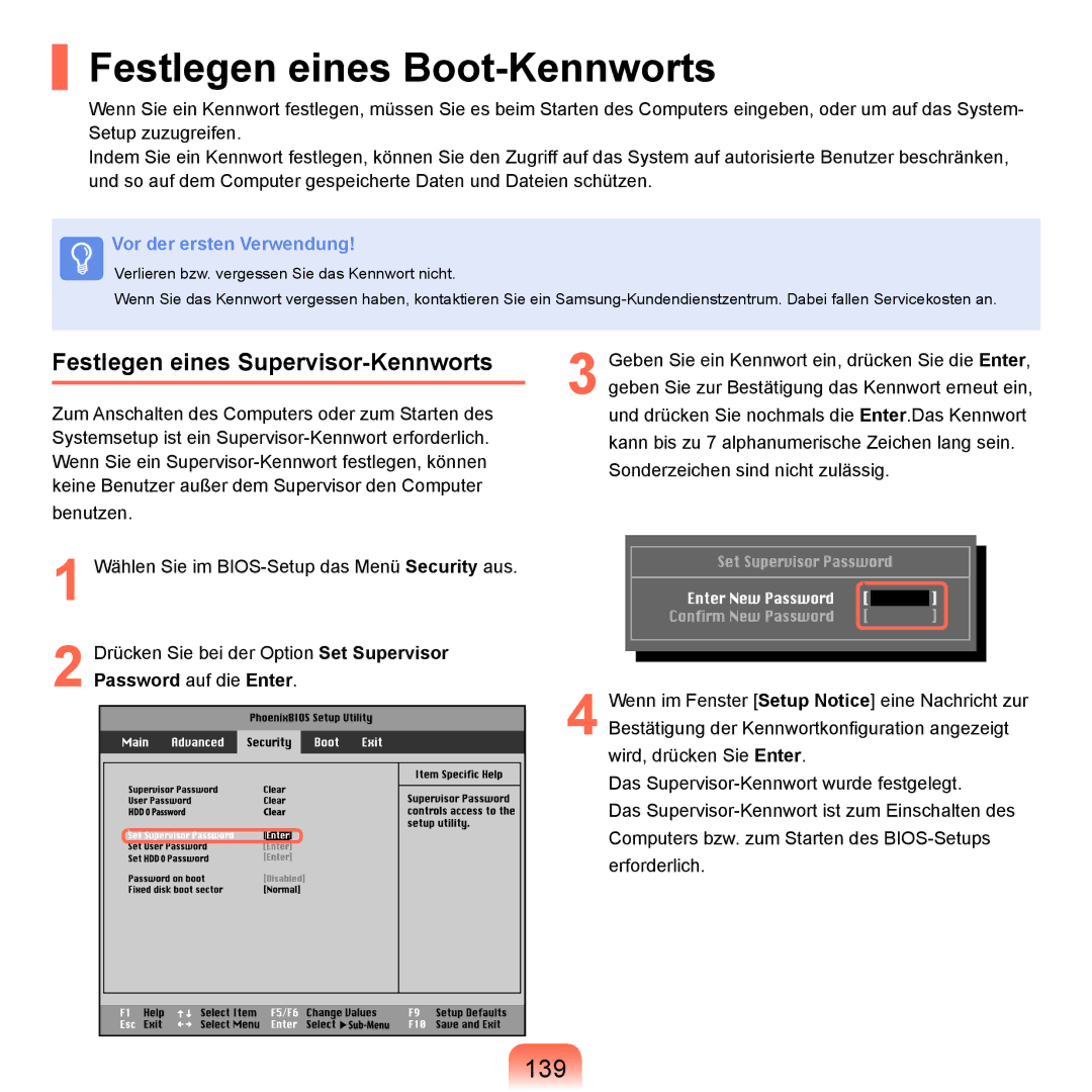 Samsung NP-M60A003/SEG, NP-M60A000/SEG manual Festlegen eines Boot-Kennworts, 139, Festlegen eines Supervisor-Kennworts 