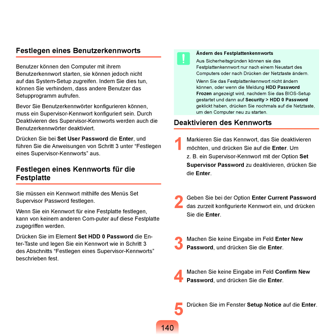 Samsung NP-M60A005/SEG manual 140, Festlegen eines Benutzerkennworts, Festlegen eines Kennworts für die Festplatte 