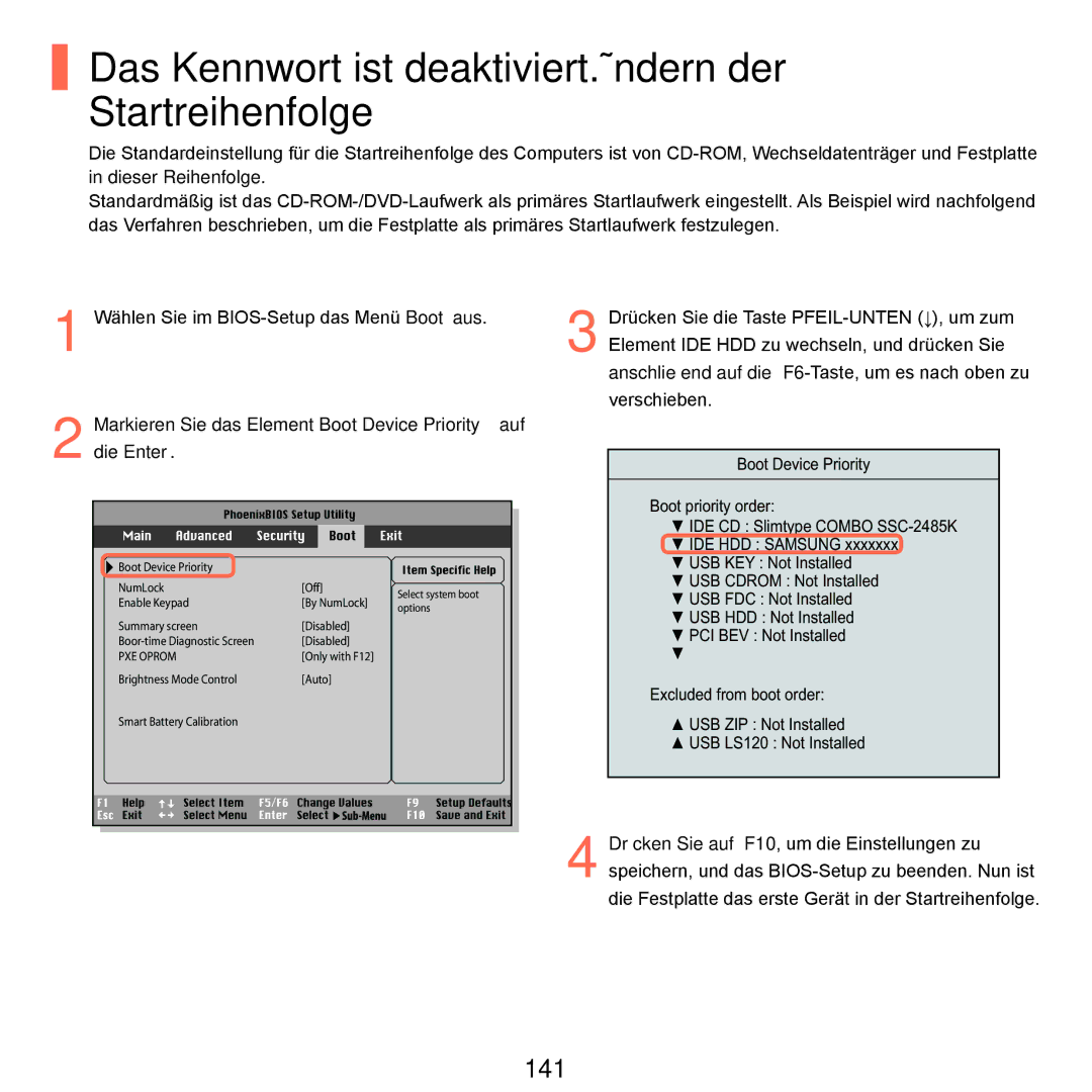 Samsung NP-M60A002/SEG, NP-M60A000/SEG, NP-M60A001/SEG manual Das Kennwort ist deaktiviert.Ändern der Startreihenfolge, 141 