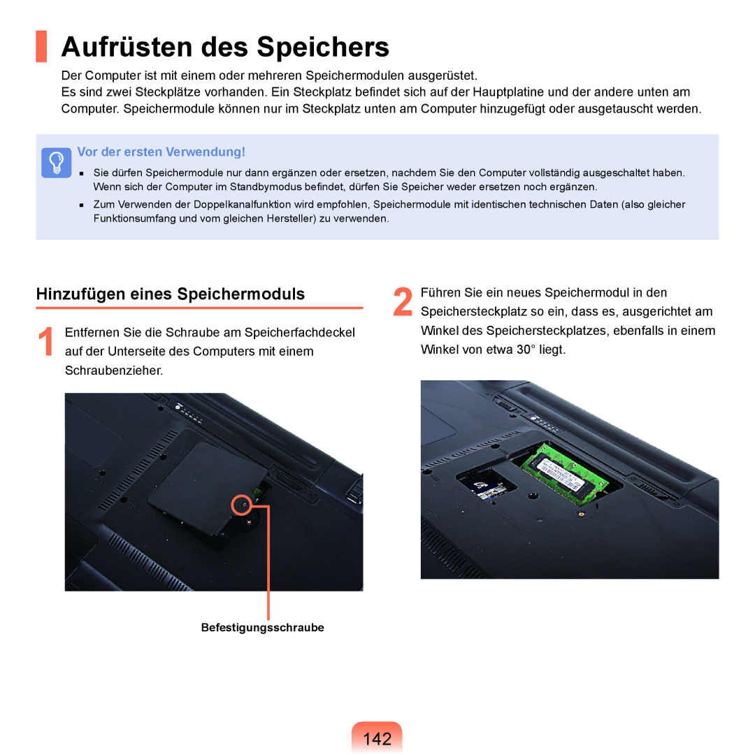 Samsung NP-M60A008/SEG, NP-M60A000/SEG, NP-M60A001/SEG manual Aufrüsten des Speichers, 142, Hinzufügen eines Speichermoduls 