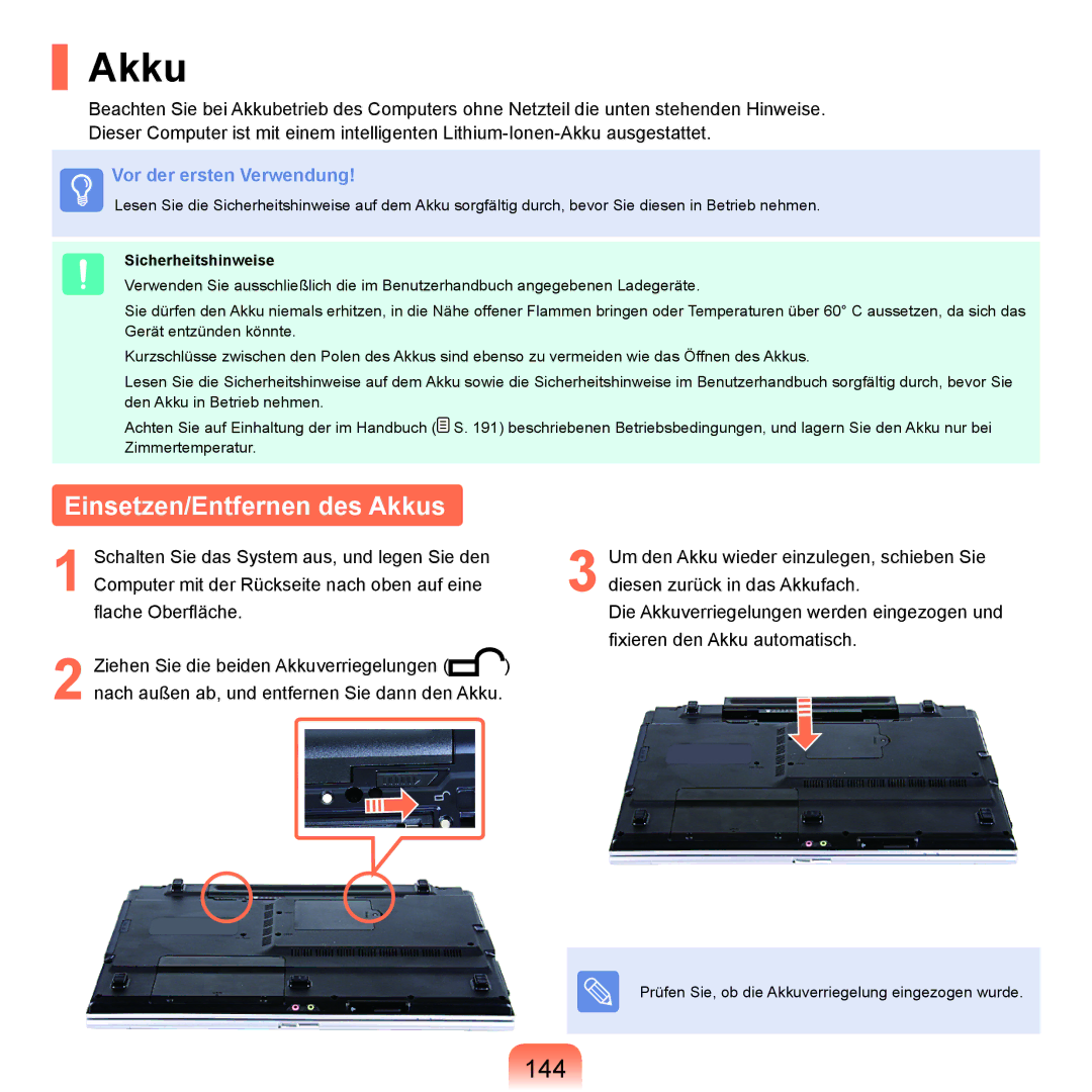 Samsung NP-M60A001/SEG, NP-M60A000/SEG, NP-M60A004/SEG, NP-M60A006/SEG, NP-M60A007/SEG Einsetzen/Entfernen des Akkus, 144 