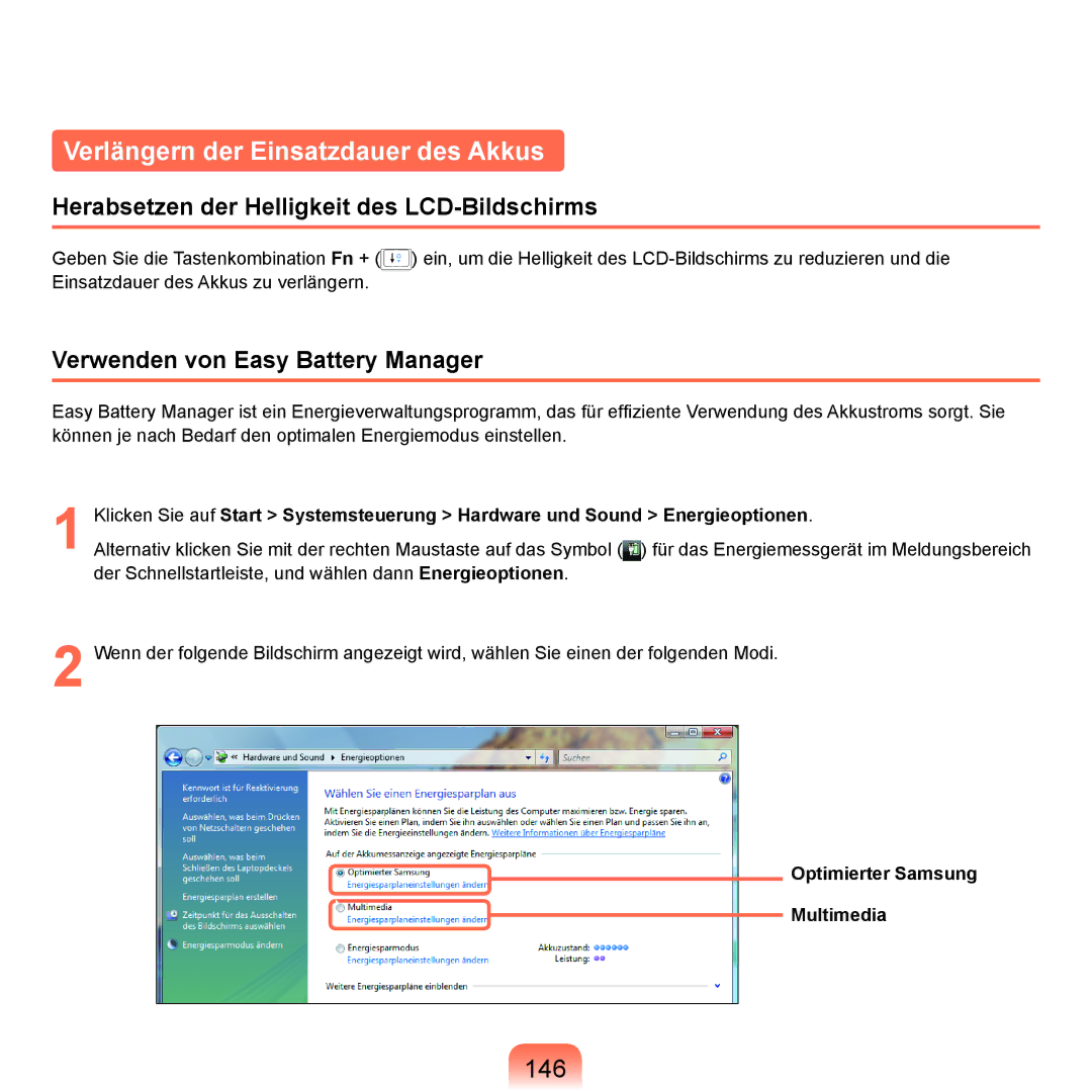 Samsung NP-M60A006/SEG manual Verlängern der Einsatzdauer des Akkus, 146, Herabsetzen der Helligkeit des LCD-Bildschirms 