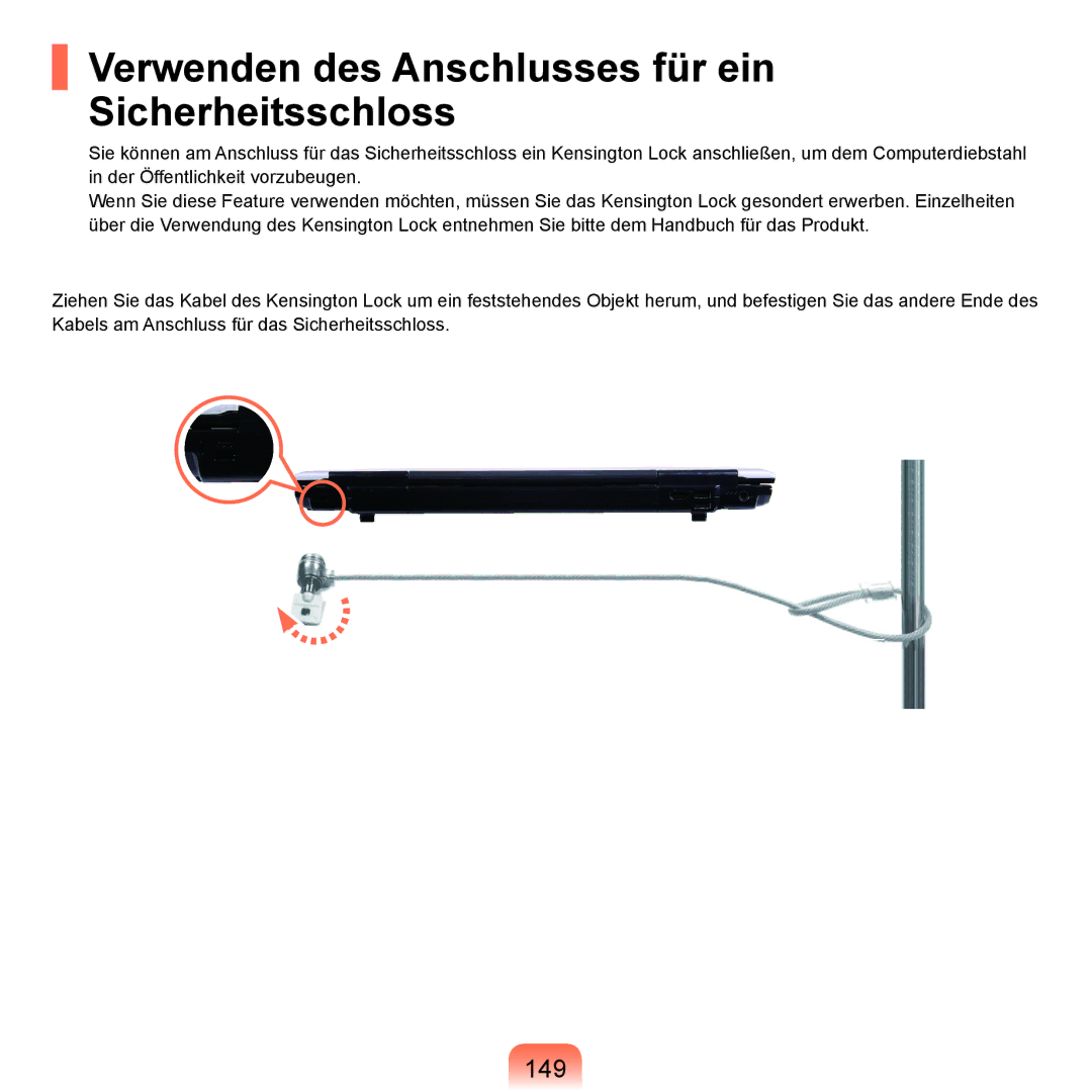 Samsung NP-M60A005/SEG, NP-M60A000/SEG, NP-M60A001/SEG manual Verwenden des Anschlusses für ein Sicherheitsschloss, 149 