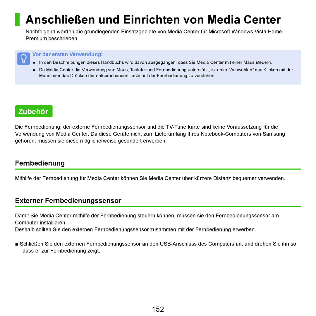 Samsung NP-M60A000/SEG, NP-M60A001/SEG manual Anschließen und Einrichten von Media Center, Zubehör, 152, Fernbedienung 