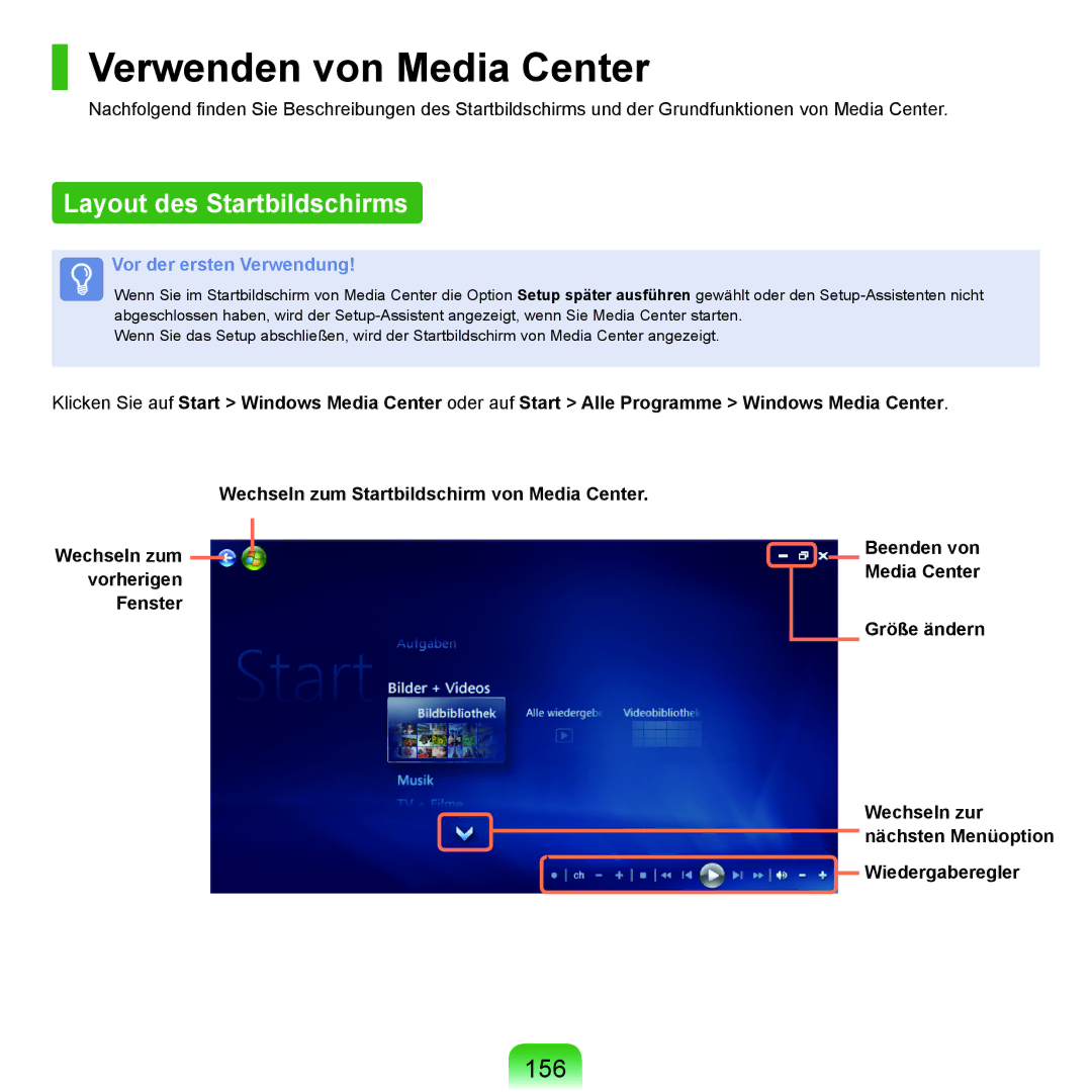 Samsung NP-M60A007/SEG, NP-M60A000/SEG, NP-M60A001/SEG manual Verwenden von Media Center, Layout des Startbildschirms, 156 