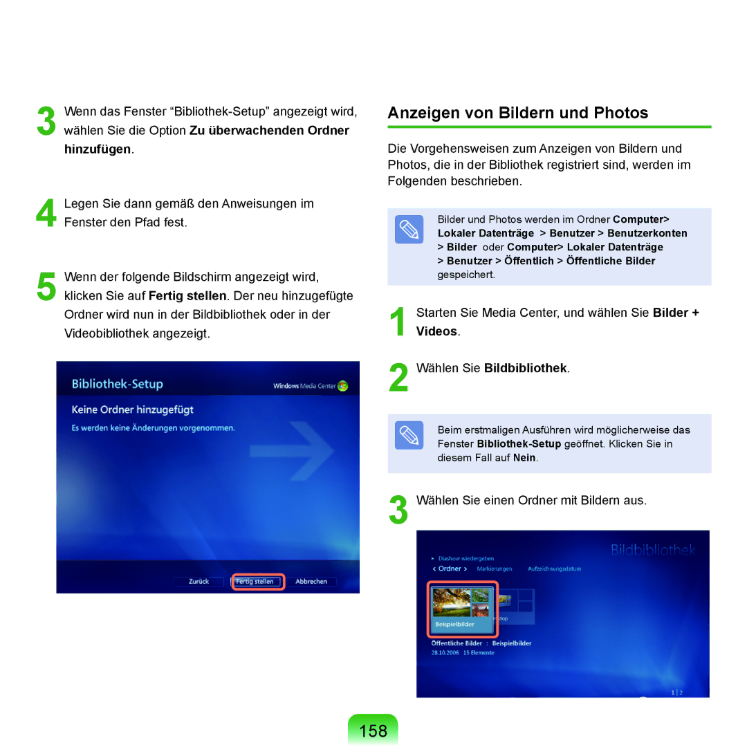 Samsung NP-M60A005/SEG, NP-M60A000/SEG, NP-M60A001/SEG manual 158, Anzeigen von Bildern und Photos, Wählen Sie Bildbibliothek 