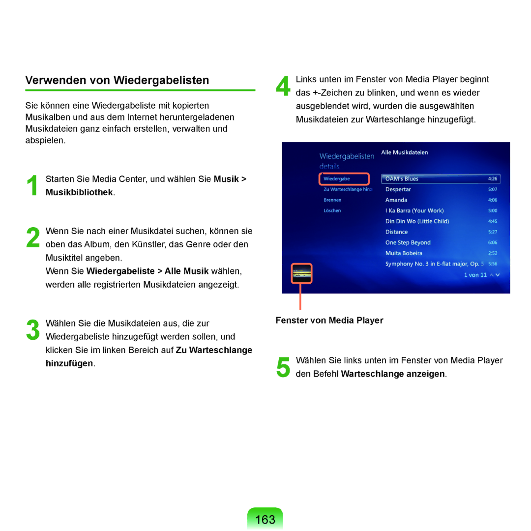 Samsung NP-M60A004/SEG manual 163, Verwenden von Wiedergabelisten, Wenn Sie Wiedergabeliste Alle Musik wählen, Hinzufügen 