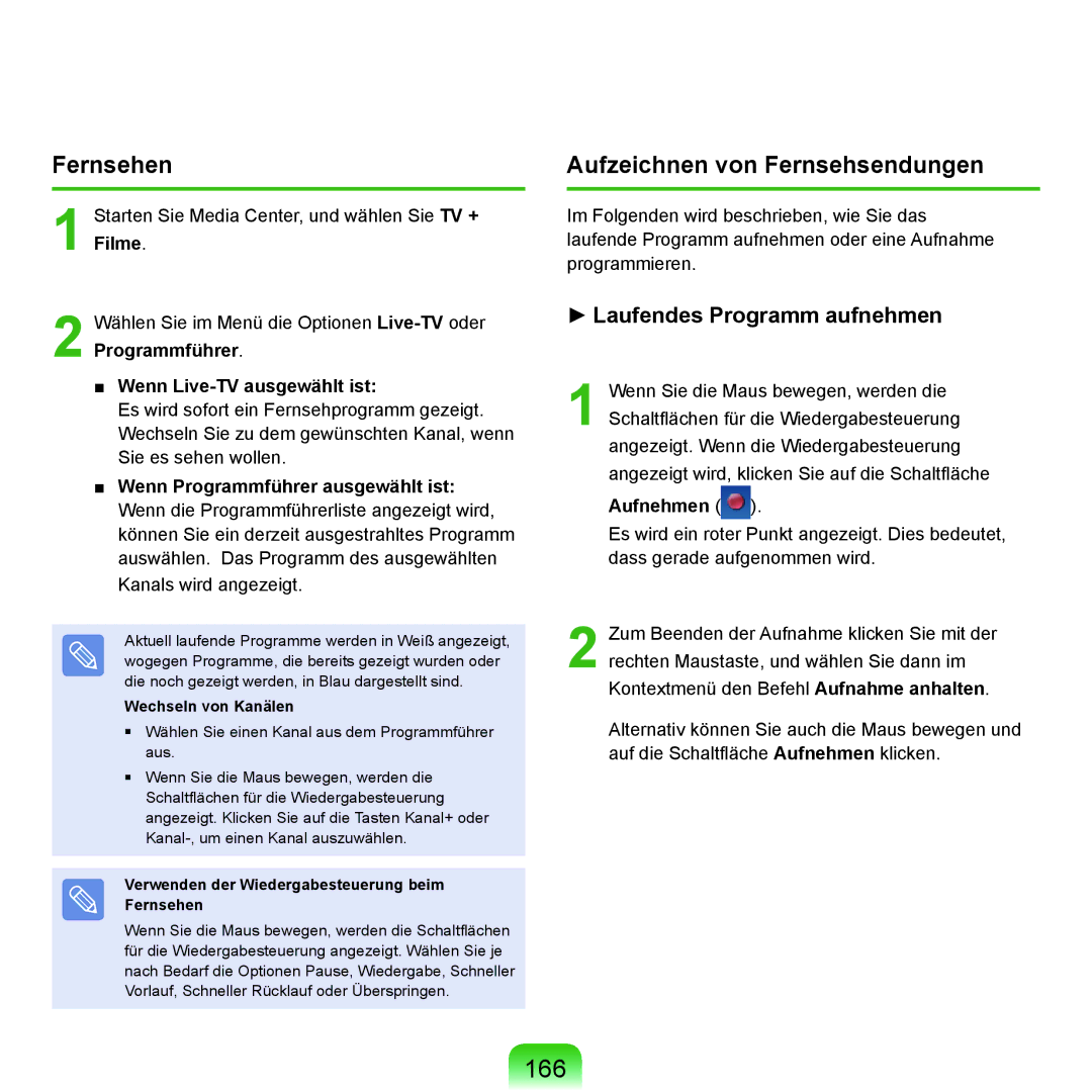 Samsung NP-M60A003/SEG, NP-M60A000/SEG manual 166, Aufzeichnen von Fernsehsendungen, Wenn Live-TV ausgewählt ist, Aufnehmen 