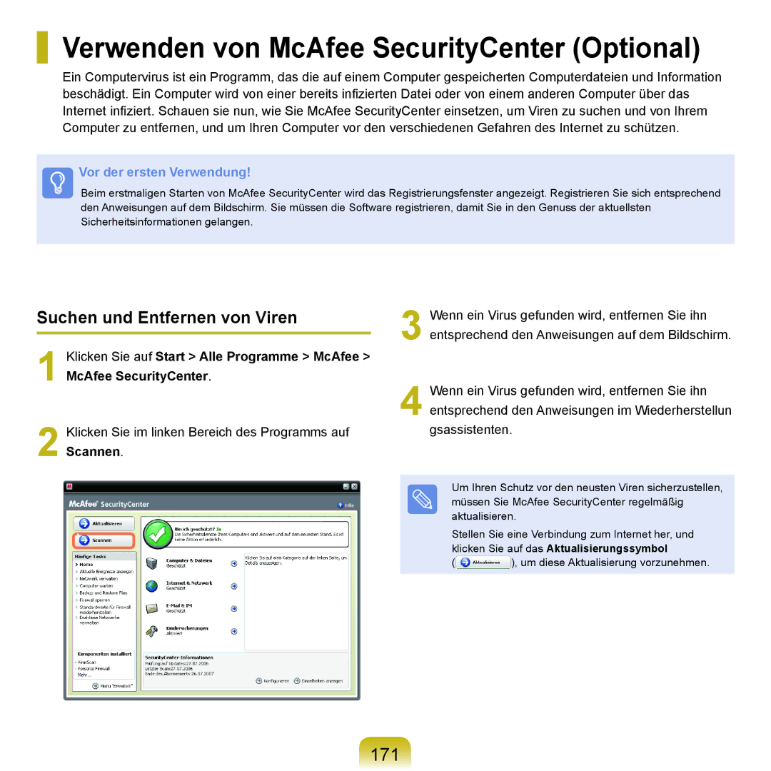 Samsung NP-M60A001/SEG, NP-M60A000/SEG Verwenden von McAfee SecurityCenter Optional, 171, Suchen und Entfernen von Viren 