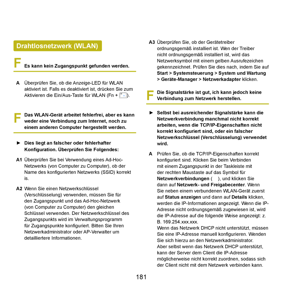 Samsung NP-M60A004/SEG, NP-M60A000/SEG manual Drahtlosnetzwerk Wlan, 181, Es kann kein Zugangspunkt gefunden werden 