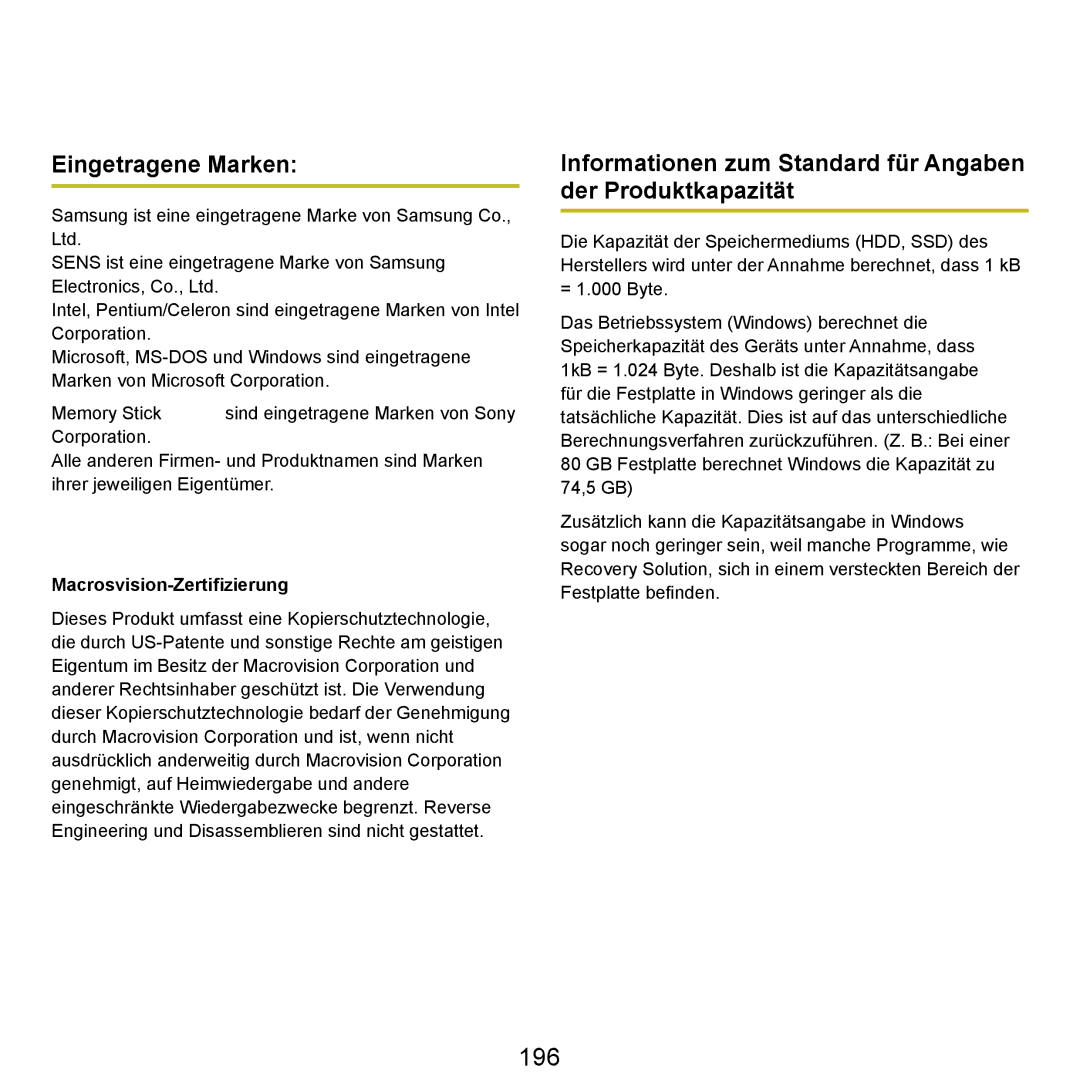 Samsung NP-M60A008/SEG manual 196, Eingetragene Marken, Informationen zum Standard für Angaben der Produktkapazität 