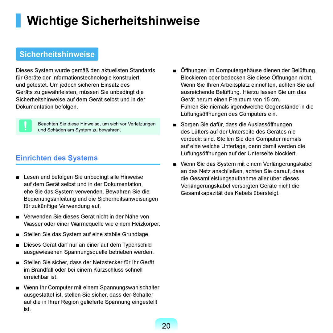 Samsung NP-M60A006/SEG, NP-M60A000/SEG, NP-M60A001/SEG, NP-M60A004/SEG Wichtige Sicherheitshinweise, Einrichten des Systems 