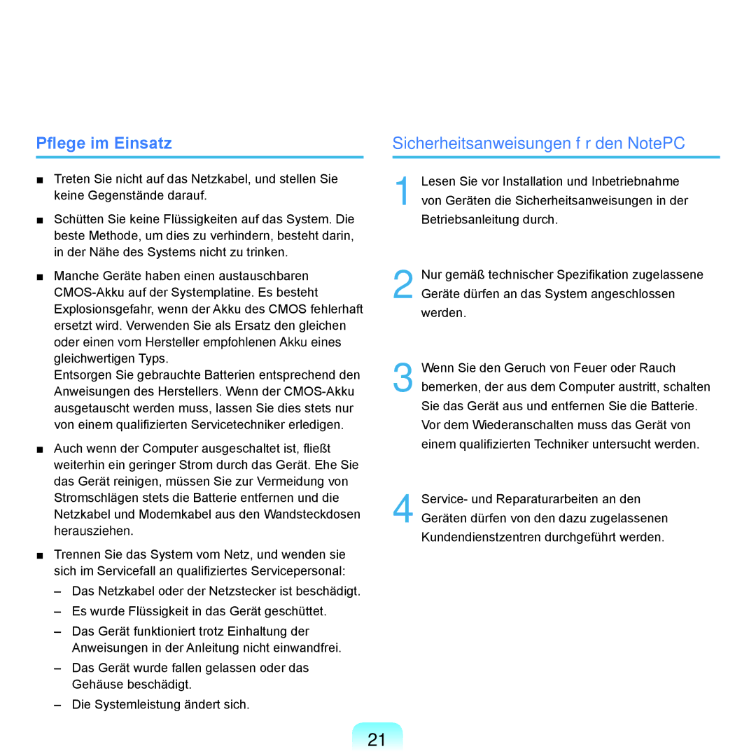 Samsung NP-M60A007/SEG, NP-M60A000/SEG, NP-M60A001/SEG manual Pflege im Einsatz, Sicherheitsanweisungen für den NotePC 