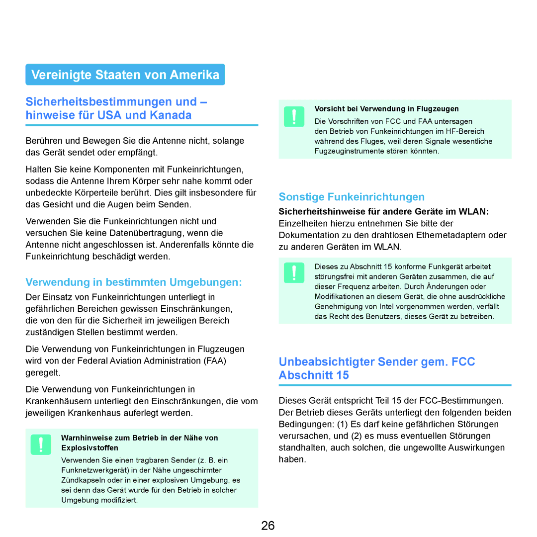 Samsung NP-M60A000/SEG manual Vereinigte Staaten von Amerika, Sicherheitsbestimmungen und hinweise für USA und Kanada 