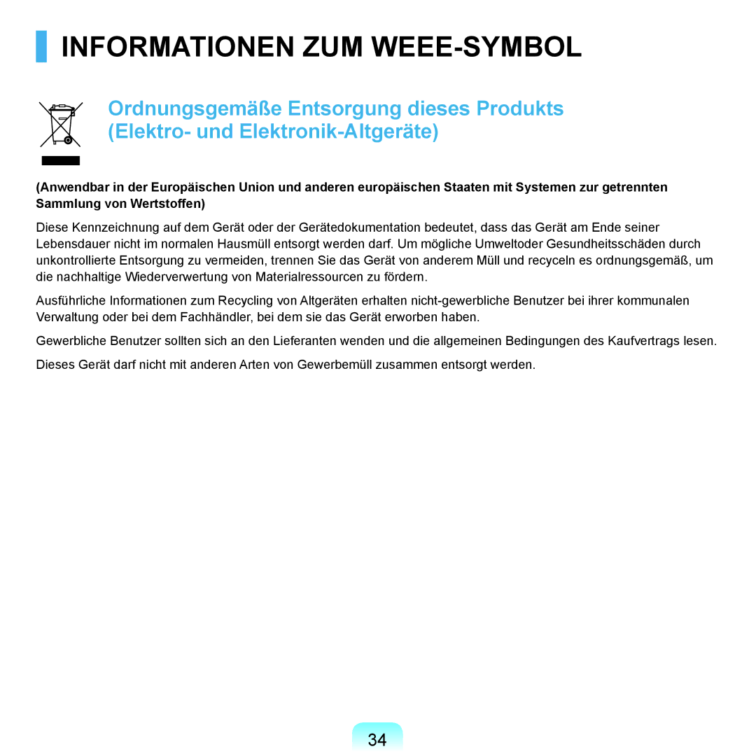 Samsung NP-M60A008/SEG, NP-M60A000/SEG, NP-M60A001/SEG, NP-M60A004/SEG, NP-M60A006/SEG manual Informationen ZUM WEEE-SYMBOL 