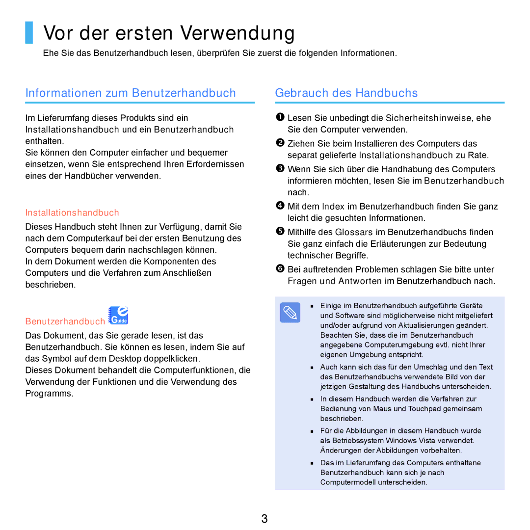 Samsung NP-M60A007/SEG manual Vor der ersten Verwendung, Informationen zum Benutzerhandbuch, Gebrauch des Handbuchs 