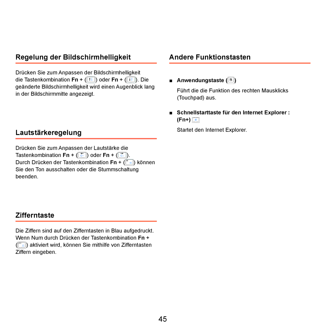 Samsung NP-M60A001/SEG manual Regelung der Bildschirmhelligkeit, Lautstärkeregelung, Zifferntaste, Andere Funktionstasten 