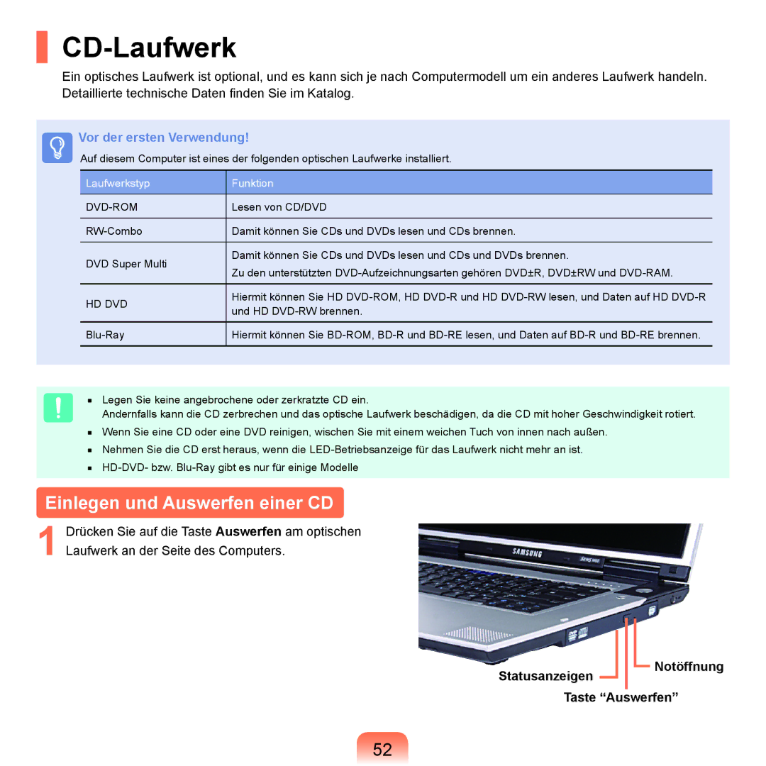 Samsung NP-M60A008/SEG manual CD-Laufwerk, Einlegen und Auswerfen einer CD, Statusanzeigen Notöffnung Taste Auswerfen 