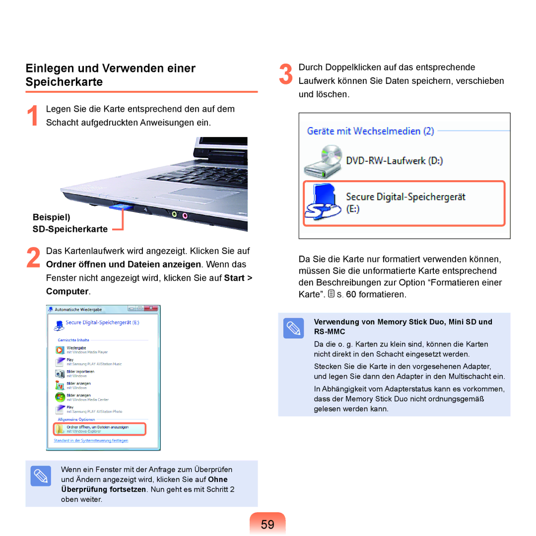 Samsung NP-M60A005/SEG, NP-M60A000/SEG manual Einlegen und Verwenden einer Speicherkarte, Beispiel SD-Speicherkarte 