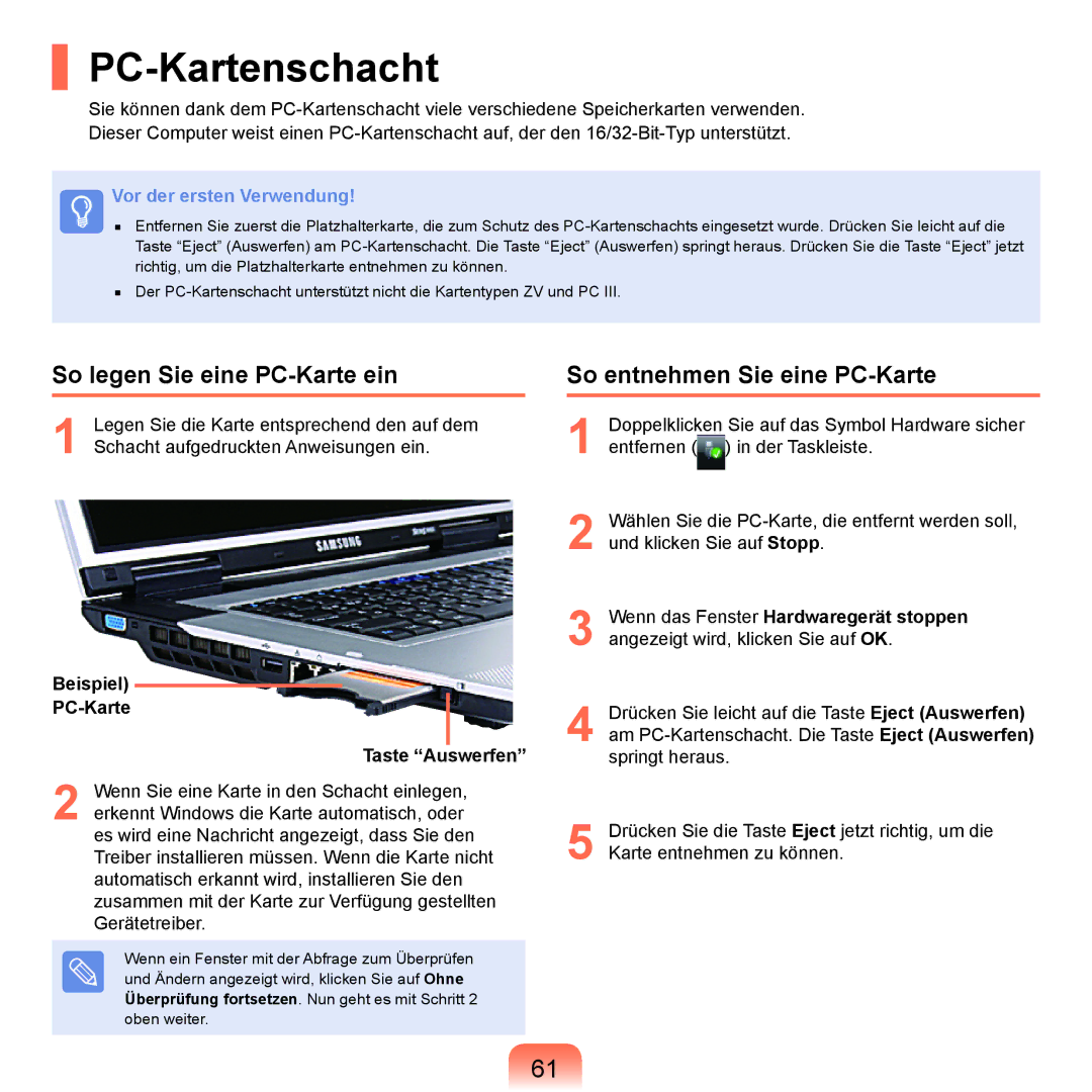 Samsung NP-M60A008/SEG, NP-M60A000/SEG PC-Kartenschacht, So legen Sie eine PC-Karte ein, So entnehmen Sie eine PC-Karte 