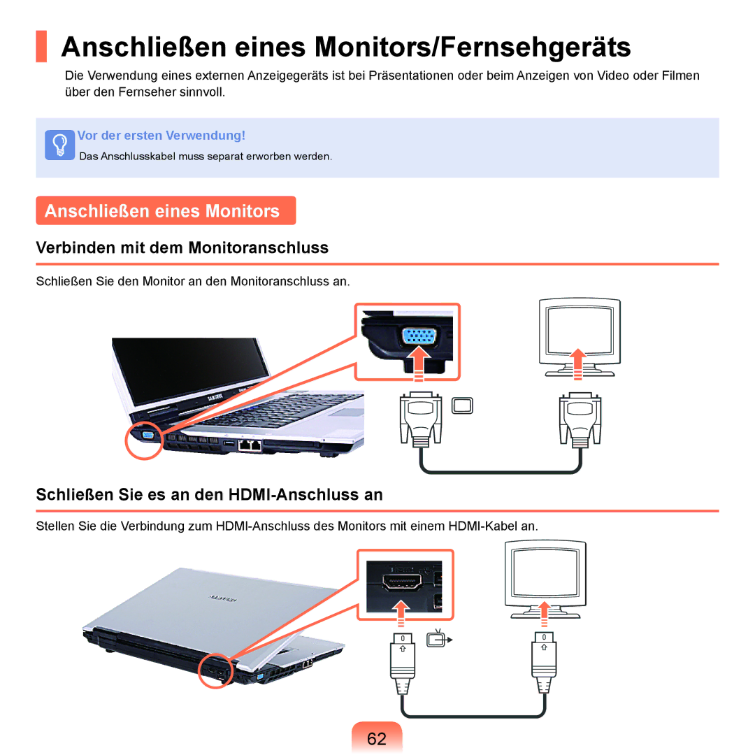 Samsung NP-M60A000/SEG, NP-M60A001/SEG manual Anschließen eines Monitors/Fernsehgeräts, Verbinden mit dem Monitoranschluss 