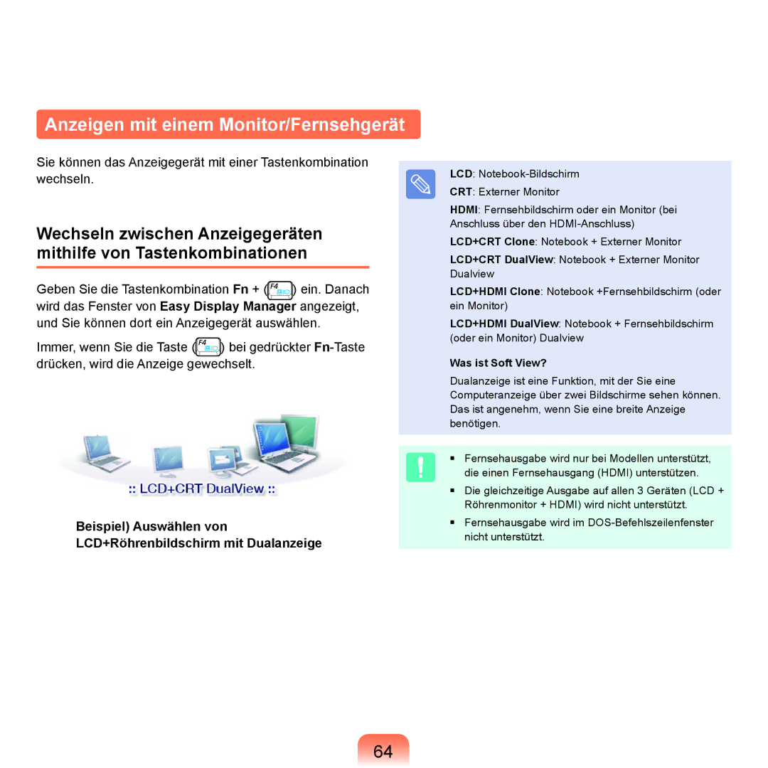 Samsung NP-M60A004/SEG, NP-M60A000/SEG, NP-M60A001/SEG manual Anzeigen mit einem Monitor/Fernsehgerät, Was ist Soft View? 