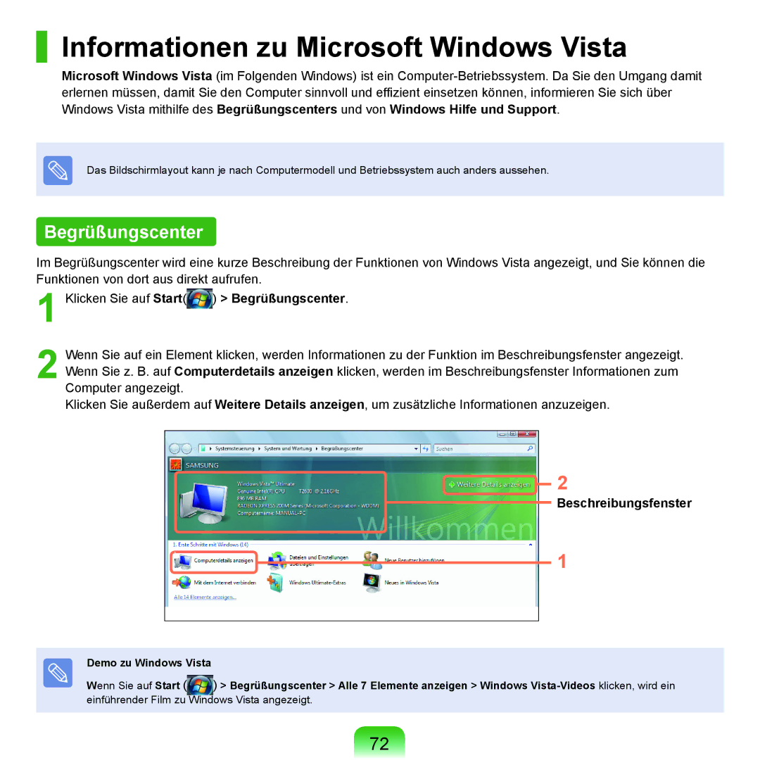 Samsung NP-M60A001/SEG, NP-M60A000/SEG Informationen zu Microsoft Windows Vista, Begrüßungscenter, Beschreibungsfenster 