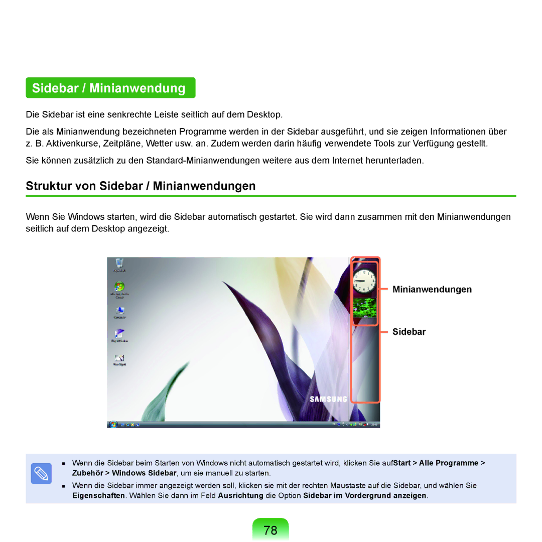 Samsung NP-M60A002/SEG, NP-M60A000/SEG, NP-M60A001/SEG Struktur von Sidebar / Minianwendungen, Minianwendungen Sidebar 