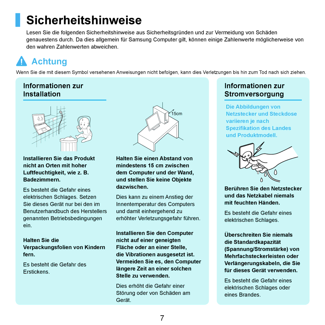 Samsung NP-M60A008/SEG, NP-M60A000/SEG manual Sicherheitshinweise, Halten Sie die Verpackungsfolien von Kindern fern 