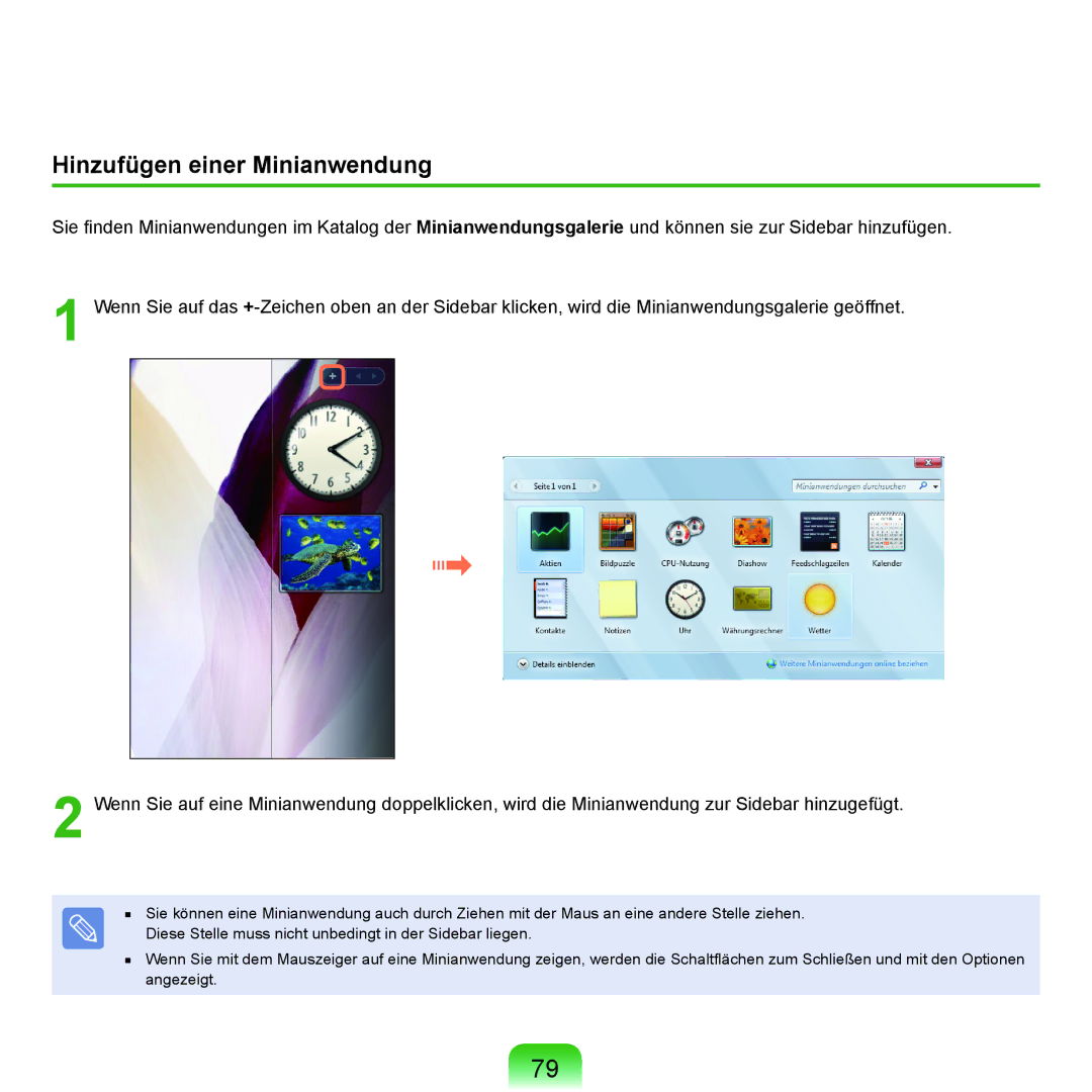 Samsung NP-M60A008/SEG, NP-M60A000/SEG, NP-M60A001/SEG, NP-M60A004/SEG, NP-M60A006/SEG manual Hinzufügen einer Minianwendung 