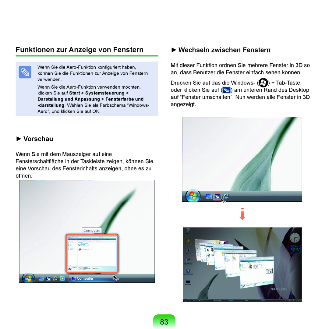 Samsung NP-M60A006/SEG, NP-M60A000/SEG Funktionen zur Anzeige von Fenstern, Darstellung und Anpassung Fensterfarbe und 