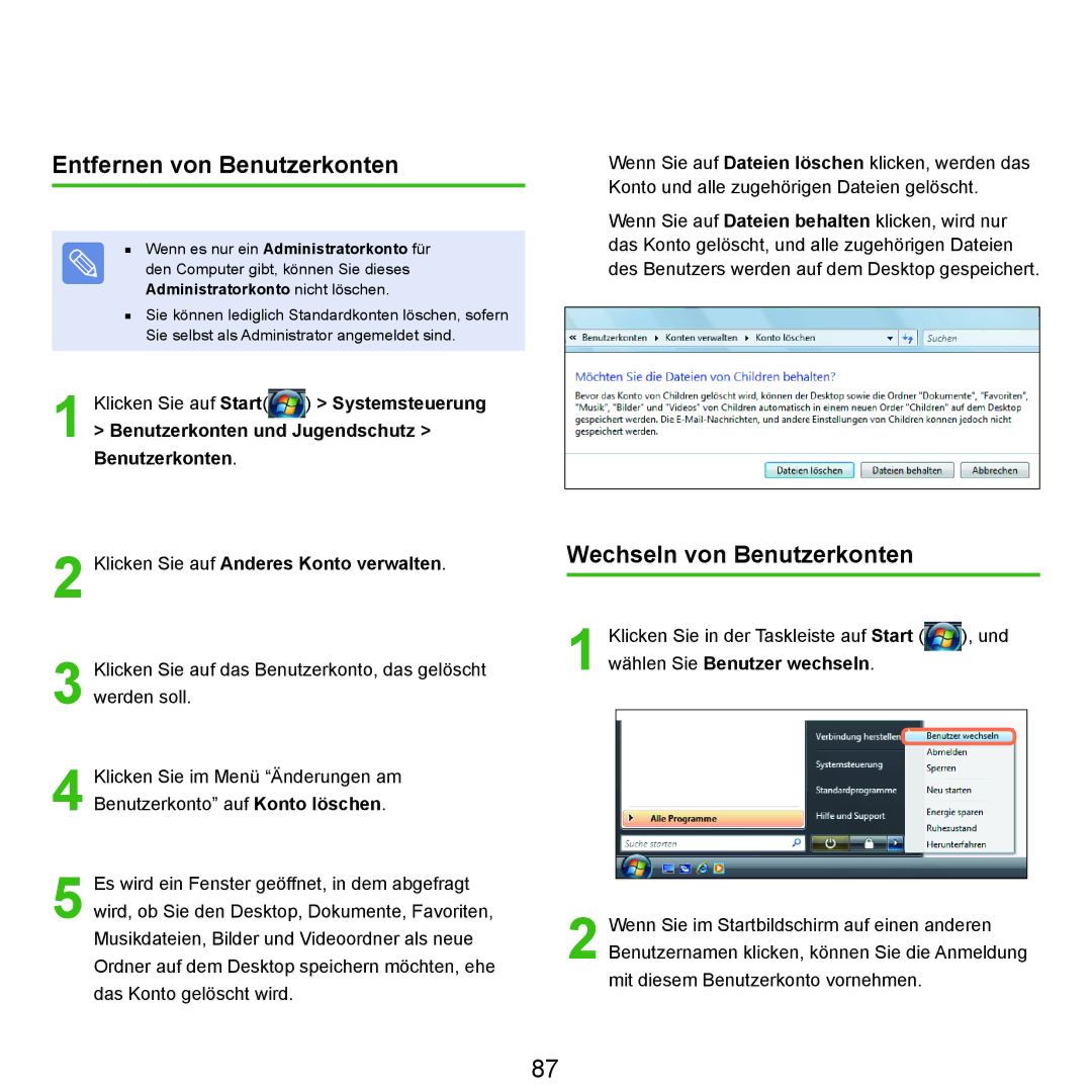 Samsung NP-M60A002/SEG, NP-M60A000/SEG, NP-M60A001/SEG manual Entfernen von Benutzerkonten, Wechseln von Benutzerkonten 