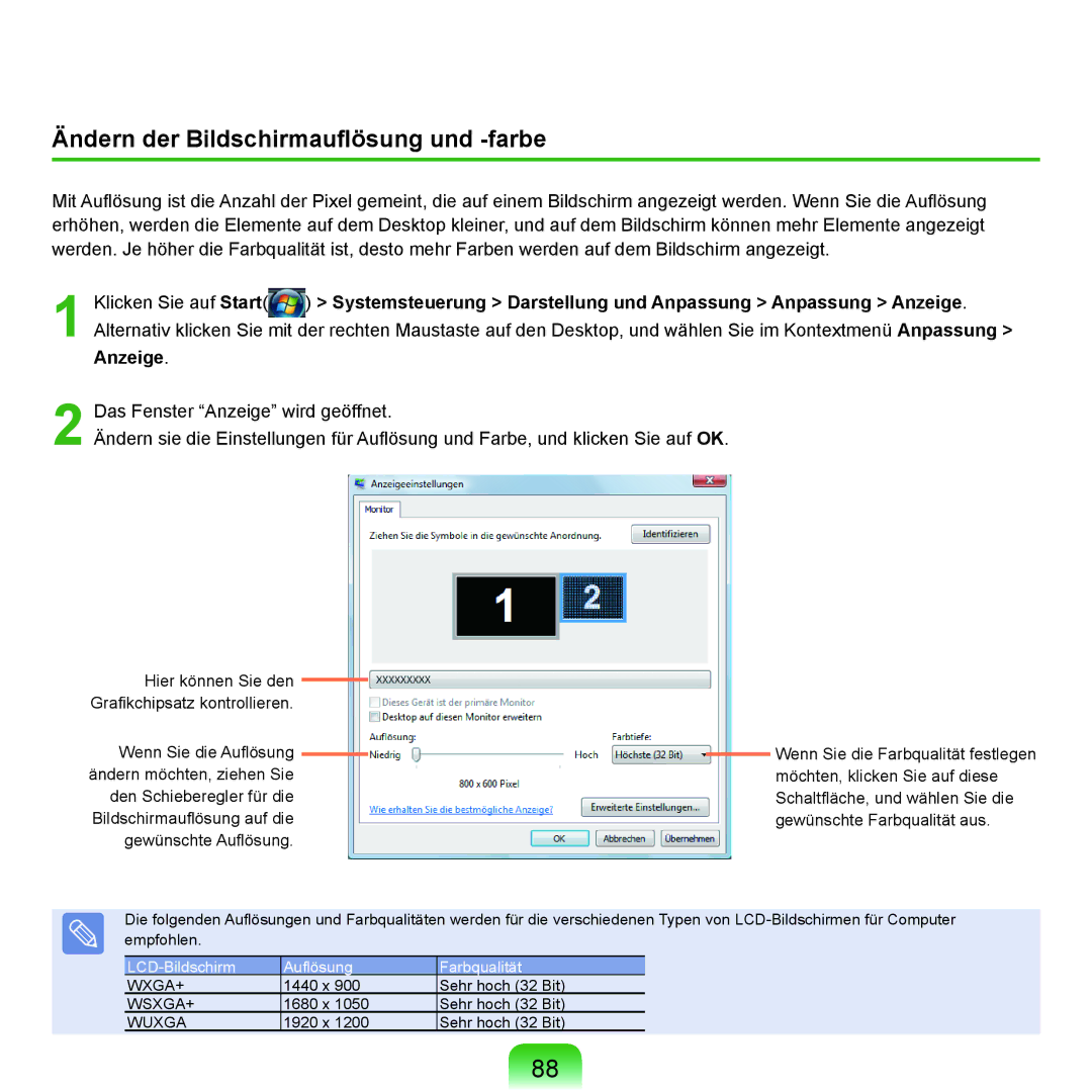 Samsung NP-M60A008/SEG, NP-M60A000/SEG, NP-M60A001/SEG, NP-M60A004/SEG manual Ändern der Bildschirmauflösung und -farbe 