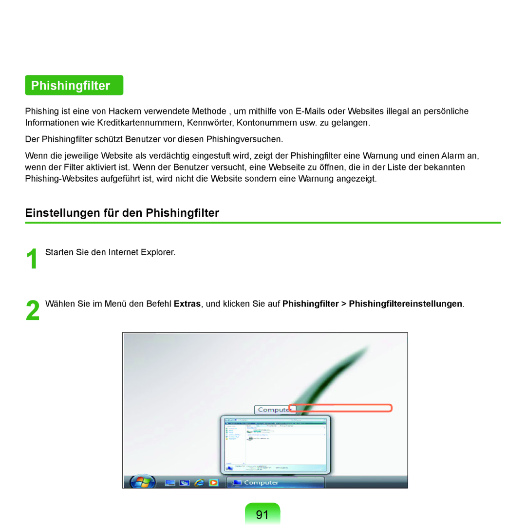 Samsung NP-M60A004/SEG, NP-M60A000/SEG, NP-M60A001/SEG, NP-M60A006/SEG manual Einstellungen für den Phishingfilter 