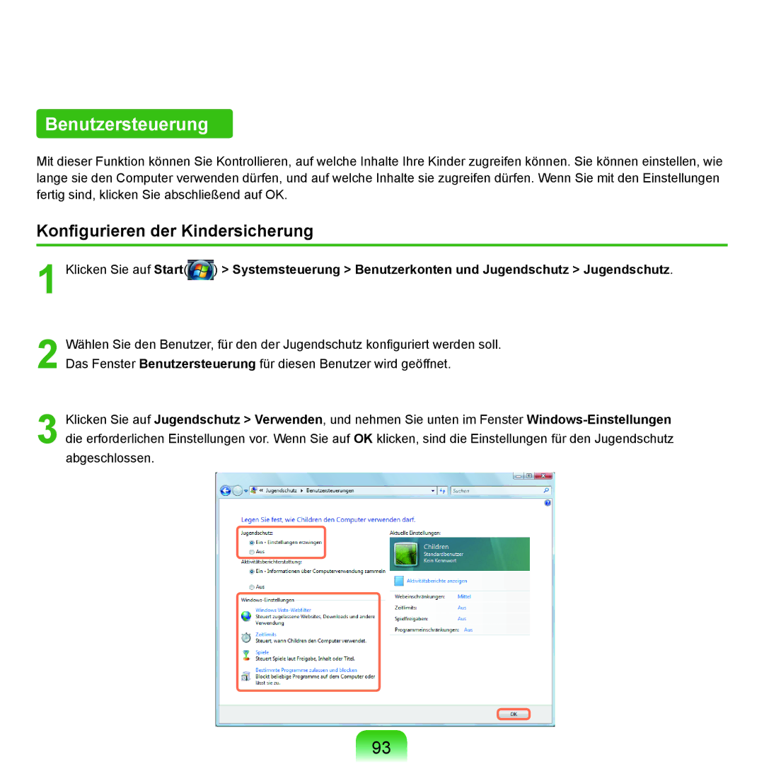 Samsung NP-M60A007/SEG, NP-M60A000/SEG, NP-M60A001/SEG, NP-M60A004/SEG Benutzersteuerung, Konfigurieren der Kindersicherung 