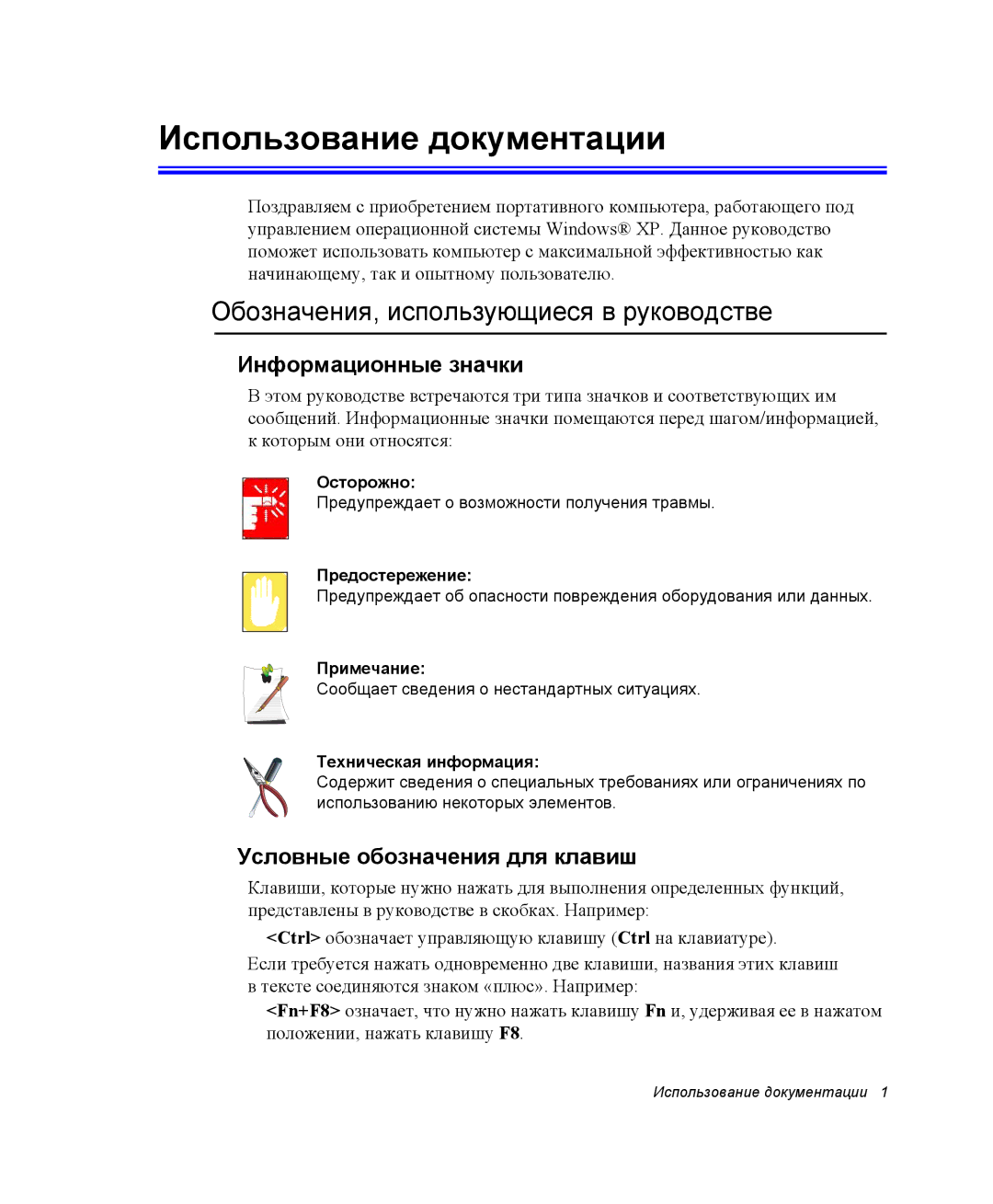 Samsung NP-M70T000/SER manual Использование документации, Обозначения, использующиеся в руководстве, Информационные значки 