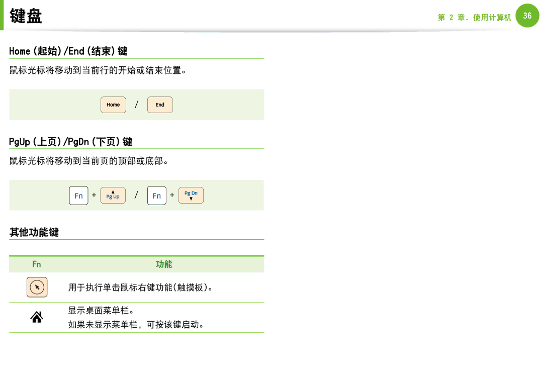 Samsung NP-N100-DA02BG, NP-N100-DA01BG manual Home（起始）/End（结束）键, 其他功能键, 鼠标光标将移动到当前行的开始或结束位置。, 鼠标光标将移动到当前页的顶部或底部。 