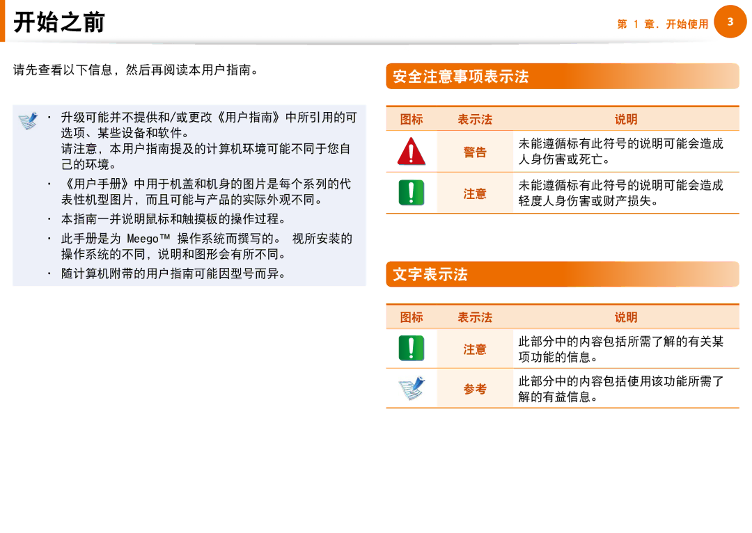 Samsung NP-N100-DA01BG, NP-N100-DA02BG manual 安全注意事项表示法, 文字表示法, 请先查看以下信息，然后再阅读本用户指南。 