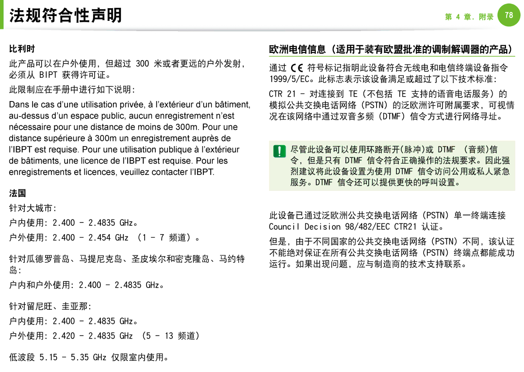 Samsung NP-N100-DA02BG, NP-N100-DA01BG manual 欧洲电信信息 适用于装有欧盟批准的调制解调器的产品, 针对大城市：, 针对留尼旺、圭亚那： 