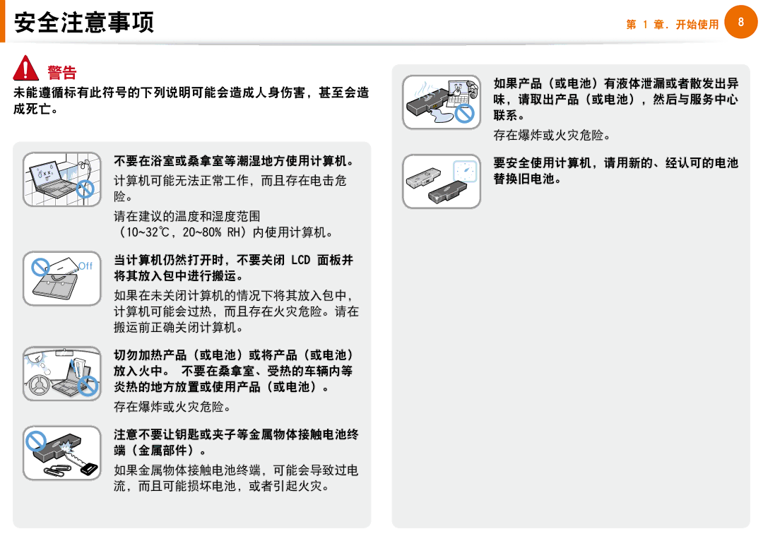 Samsung NP-N100-DA02BG, NP-N100-DA01BG manual （10~32，20~80% RH）内使用计算机。 