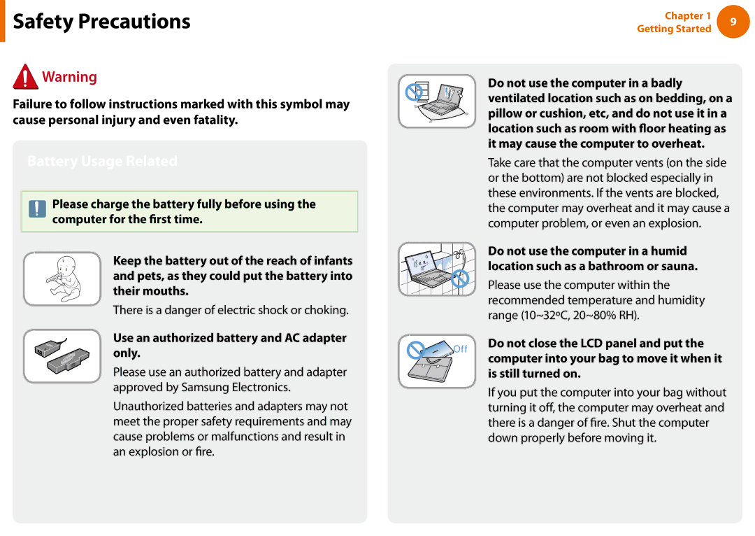 Samsung NP-N100-DA02BG, NP-N100-MA01VN manual Battery Usage Related, There is a danger of electric shock or choking 