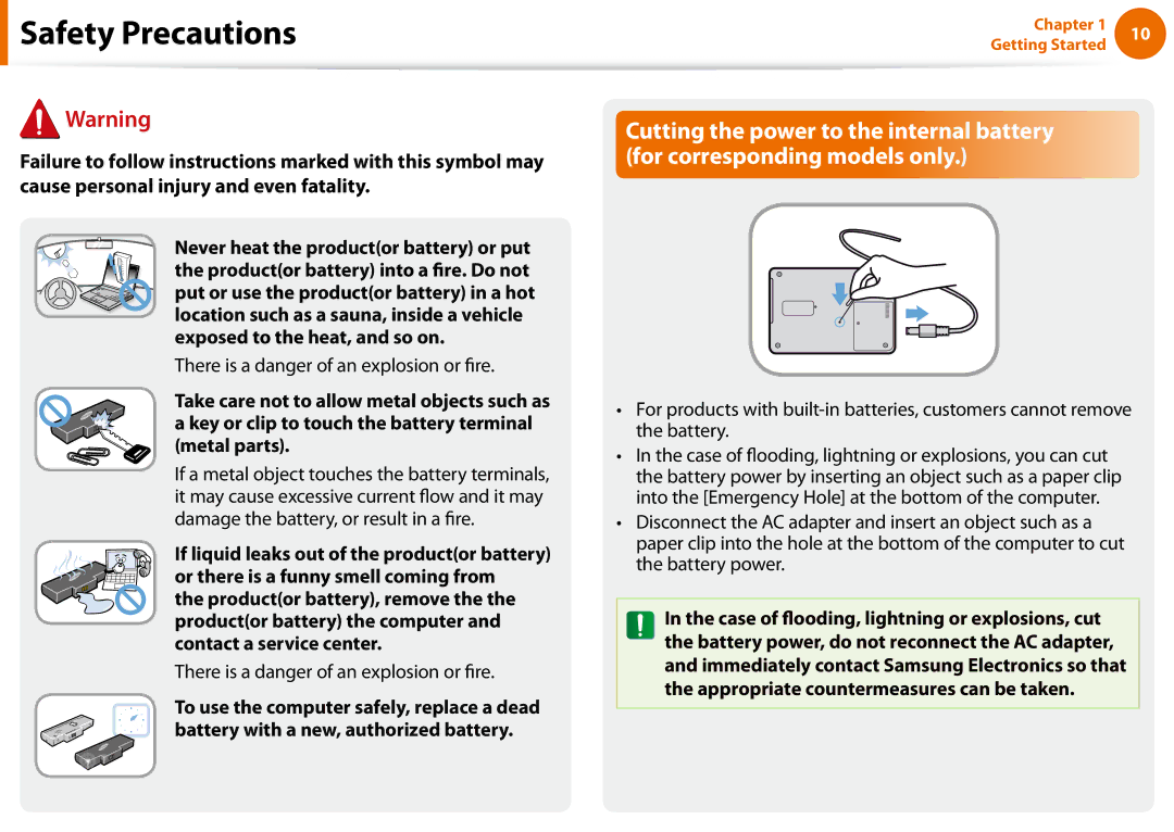 Samsung NP-N100-MA02EE, NP-N100-MA01VN, NP-N100-MA02VN, NP-N100-DA01BG manual There is a danger of an explosion or fire 