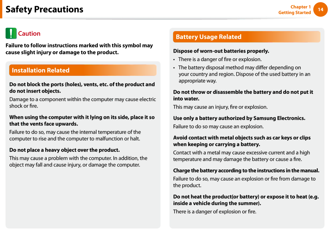 Samsung NP-N100-MA02VN manual Do not place a heavy object over the product, Dispose of worn-out batteries properly 