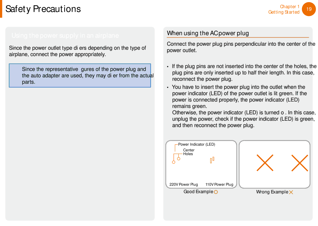 Samsung NP-N100-MA02RU, NP-N100-MA01VN, NP-N100-MA02VN Using the power supply in an airplane, When using the AC power plug 