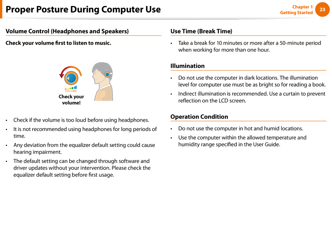 Samsung NP-N100-DA02BG Volume Control Headphones and Speakers, Use Time Break Time, Illumination, Operation Condition 